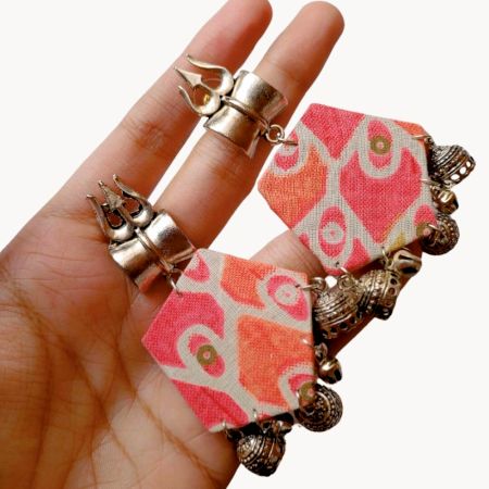 Orange Printed Floral Trishul Charm Earrings